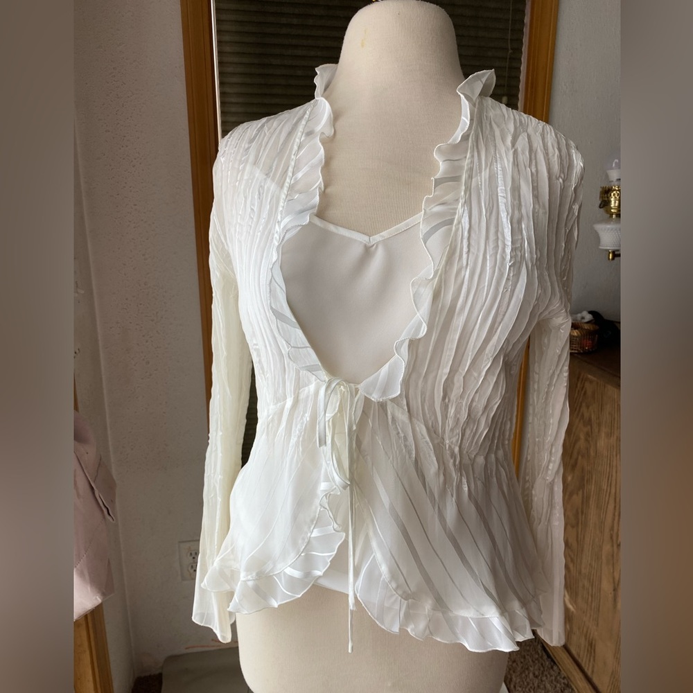 NY Collection 2 piece semi sheer frilly top, ivory